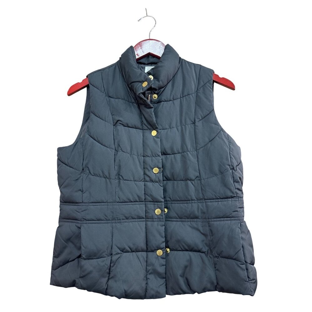 Crown & Ivy Petite Quilted Puffer Vest Black Gold Button Closure PL
